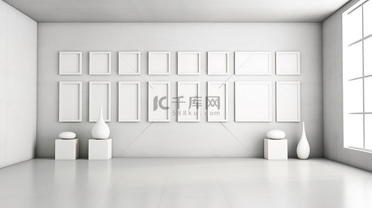 室内设计窗户背景图片_舒适的白色室内设计，采用水泥墙瓷砖地板窗户艺术品和 3D 渲染