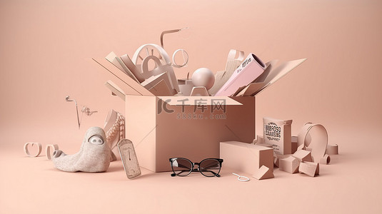 网店横幅背景图片_引人注目的 3D 横幅，带有打开的包裹盒购物袋礼品盒和物品