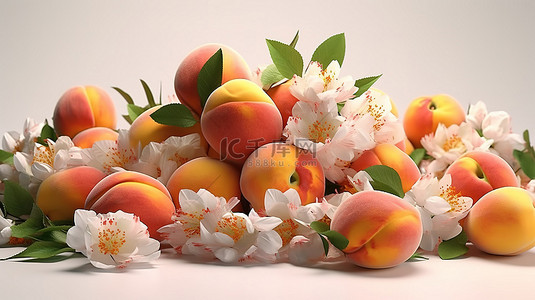 甜美花朵背景图片_花香和果味的喜悦 3d 渲染的桃子和盛开的花朵