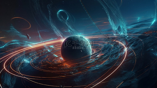 设计引领未来背景图片_带有光环的未来派明亮行星科幻小说 3d 渲染