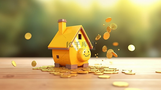 一枚金币落入形状像房子的存钱罐的 3D 渲染，用于储蓄购房