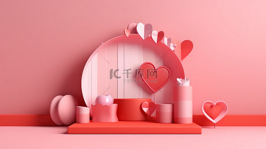 产品展示台，粉红色背景上有 3D 心形纸质情人节庆祝活动