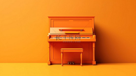 3D 渲染工作室中带有橙色饰面的老式单色木制立式钢琴