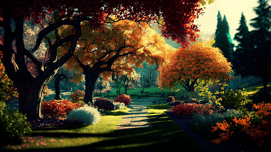 秋天风景背景图片_公园红黄色树叶