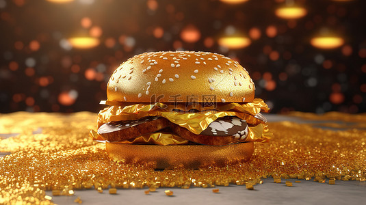 马苏里拉芝士碎背景图片_光荣的 3D 渲染的金色汉堡