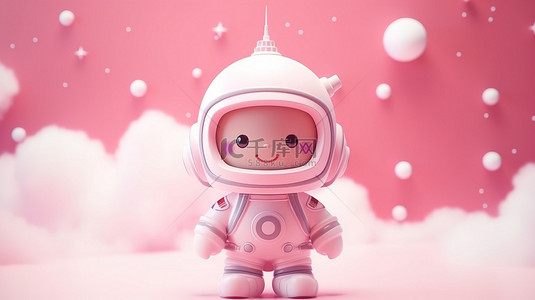 可爱侏儒背景图片_可爱的 3D 渲染卡通宇航员侏儒在太空中粉红色柔和的抽象背景