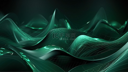 充满活力的 3D 数字艺术作品抽象波技术与绿色几何形状