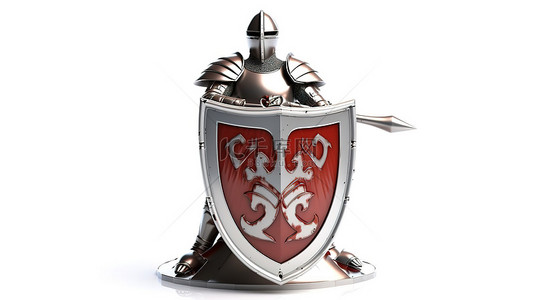 剑插盾牌背景图片_白色背景上挥舞剑的盾牌骑士的 3D 插图