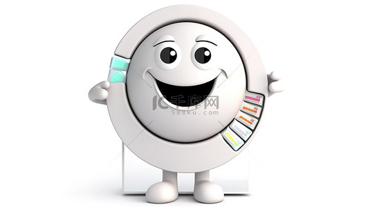 销售业绩图表背景图片_白色现代洗衣机吉祥物的 3D 渲染，周围是清晰的白色背景上的商业饼图和信息图形