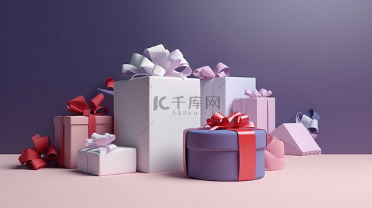 礼物盒礼盒背景图片_白色红色和紫色礼盒的逼真 3D 渲染，带有丝带蝴蝶结，非常适合派对促销和社交媒体横幅海报和柔和色调的礼物盒