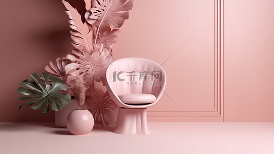 粉色牡丹花背景图片_柔和的粉色讲台，配有花卉扶手椅和棕榈叶阴影 3D 显示