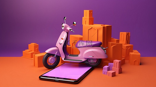 紫色背景 3D 渲染中标记位置的盒子和智能手机