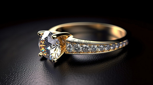 情人节金背景图片_金钻石戒指直立在黑暗表面上的 3D 插图