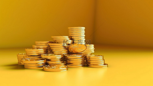黄色背景上堆叠金币的 3d 渲染非常适合投资和储蓄概念
