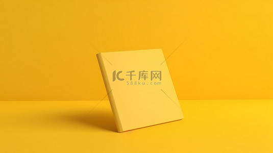 方形小册子小册子和邀请函的真实 3D 渲染，带有硬封面和黄色背景上的戏剧性阴影