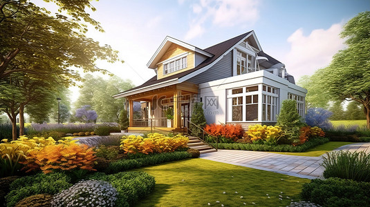 车库出售背景图片_阳光明媚的日子 3D 渲染的家庭外部装饰着美丽的景观