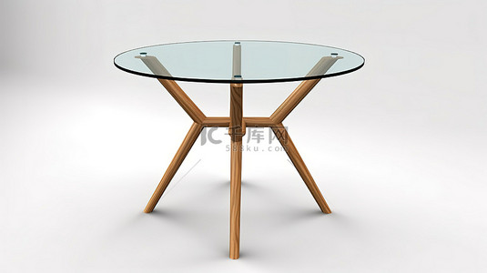 白色背景显示带有玻璃顶的木腿圆桌的 3d 渲染