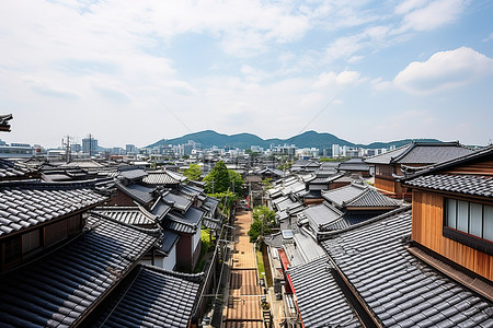 全州韩屋村背景图片_从屋顶上看城市