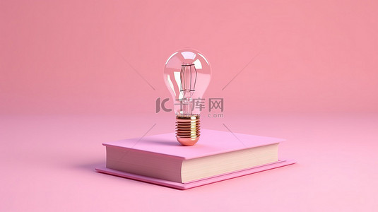 创意灯泡的火花照亮了在粉红色背景上渲染的 3d 书籍上的想法