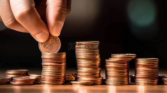 投资金融金币背景图片_不断增长的资金堆栈金融商业投资储蓄概念用手放置硬币 3D 插图