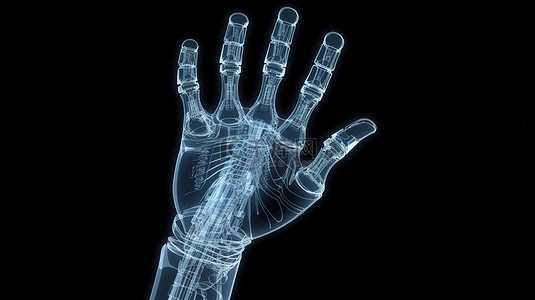 隔离在机器人手的 X 射线手指点的黑色 3D 渲染上