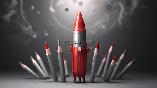 火箭形铅笔高飞的创造力 3D 渲染