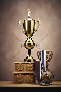 金牌奖杯背景图片_金色奖杯和奖牌位于金色数字旁边