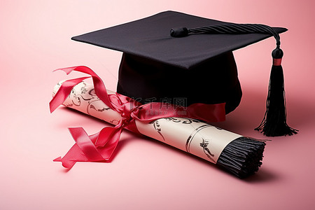 流苏坠子背景图片_粉红色背景中的毕业帽文凭流苏和丝带
