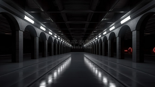 宽敞昏暗的隧道车库走廊，工作室背景空荡荡，水泥地板由 3D 渲染中的黑光照亮
