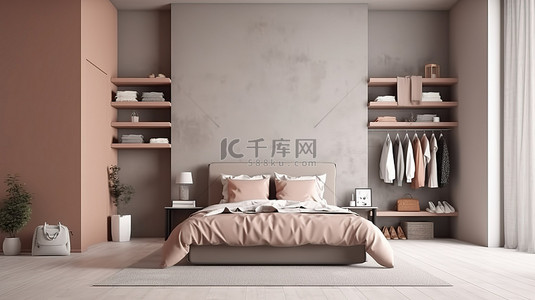 斯堪的纳维亚极简主义 3D 渲染灰色床在空墙上，步入卧室内部的衣柜
