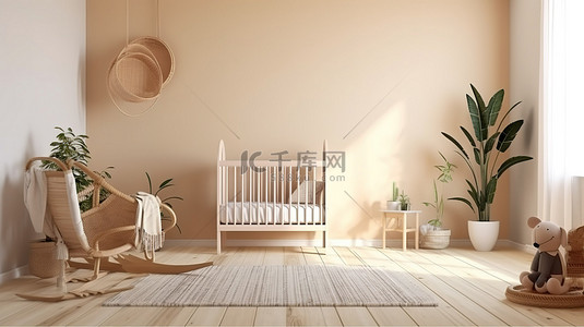 波西米亚风格的苗圃内部木制婴儿床靠在白墙上 3d 渲染