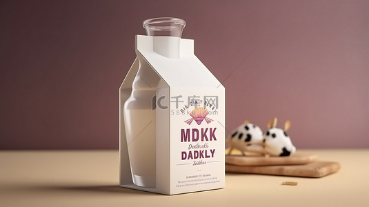用牛奶盒和一杯鲜牛奶 3D 渲染概念庆祝世界牛奶日