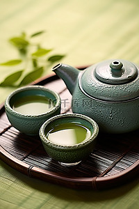 黑绿格纹背景图片_黑托盘上的绿茶壶和杯子