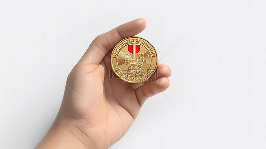 白色背景上卡通手握着的卢布硬币的 3D 插图