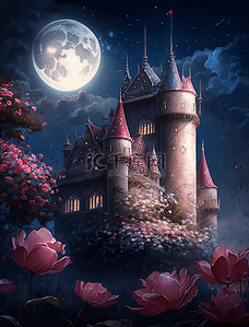 夜晚星空月亮花园花卉城堡油画装饰画背景