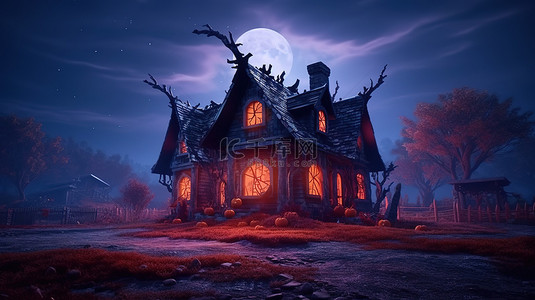 老巫婆的房子背景图片_令人毛骨悚然的女巫鬼屋，令人毛骨悚然的万圣节 3D 插图