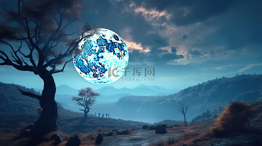 幽灵般的万圣节场景巨大的满月在山和树上蓝天背景 3D 插图