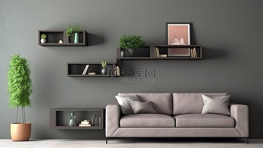 时尚墙上背景图片_时尚的灰色沙发靠在灰色的墙上，配有时尚的架子和 3D 渲染的艺术品