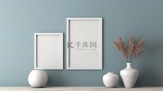 产品相框模板背景图片_桌面场景，带有空相框和 3D 制作的墙壁背景