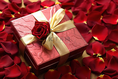 有红色玫瑰花瓣的礼品盒