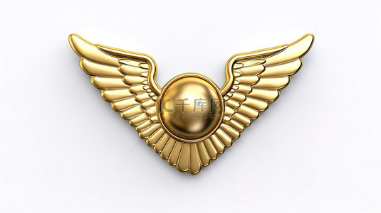 带翅膀的金色徽章，带有空白空间，用于在白色背景上以 3D 渲染呈现的定制设计
