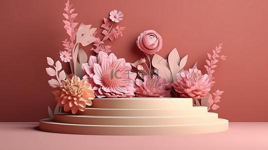 纸艺风格的花朵装饰着 3D 渲染的讲台