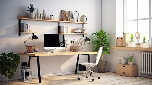 办公桌面电脑背景图片_现代办公空间以令人惊叹的 3D 渲染桌面电脑模型为特色