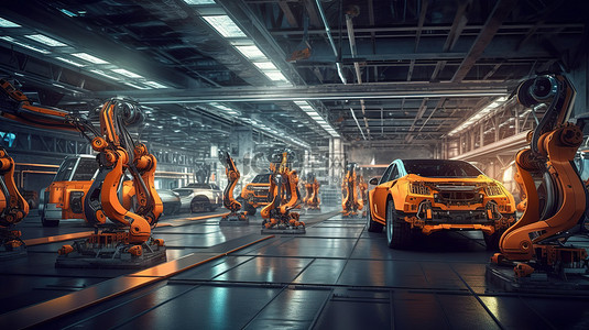 汽车厂背景图片_汽车工厂的 3D 渲染展示了机器人自动化装配线