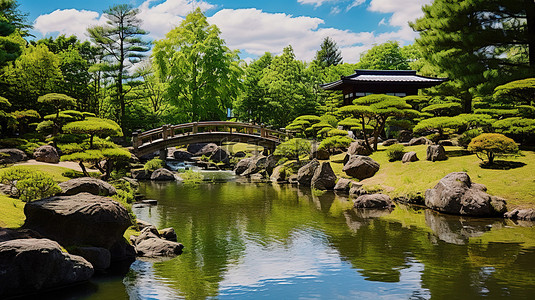 城堡城堡背景图片_日本花园 日本花园有石头和小池塘