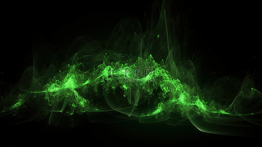 3d 渲染中的抽象绿色粒子在黑色背景下用辐射辉光照亮