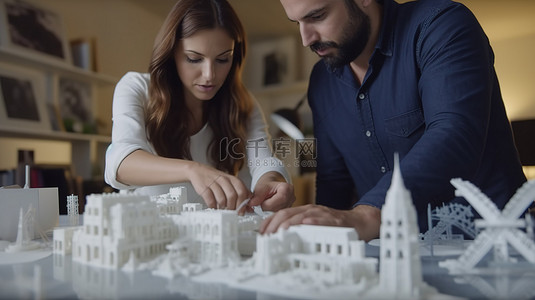 建筑师一名女性和一名男性检查和操作 3D 打印模型