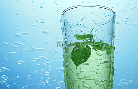 有水背景图片_一个玻璃杯，里面有水，上面有一些叶子