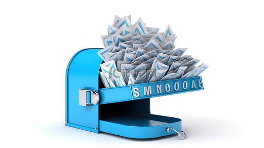 邮箱信纸背景图片_带有开放蓝色邮箱和信件的白色背景的 3D 插图