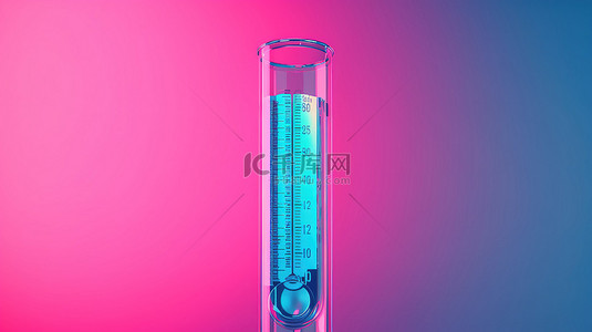 粉红色背景，生动的双色调再现蓝色抽象天气玻璃温度计的 3D 效果